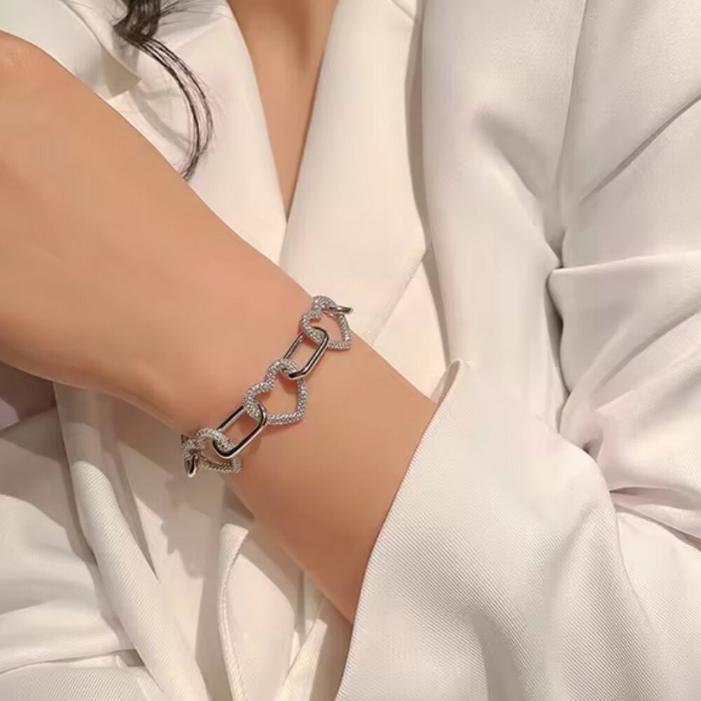 All Moissanite Bracelet Fully Ice Heart Link, 7" - Picture 3 of 9